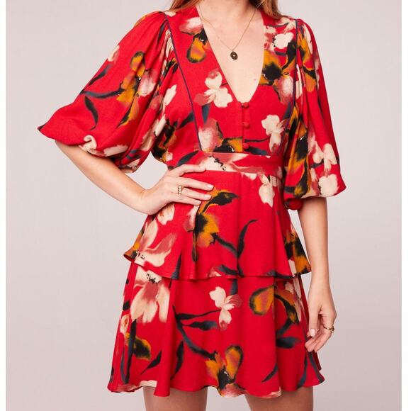 NWT Band of the Free Dolly Floral Puff Sleeve Mini Dress Sz. S [4-6] Red Gold - Picture 2 of 12